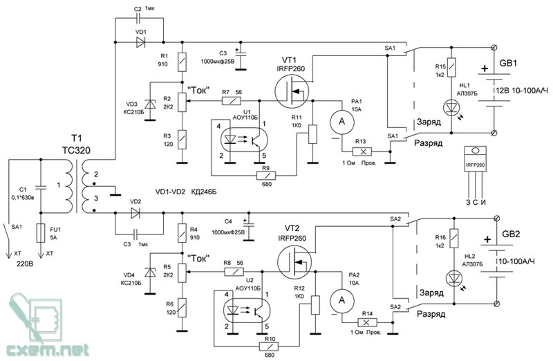 Схема двухканального зарядно-разрядного устройства автомобильных аккумуляторов