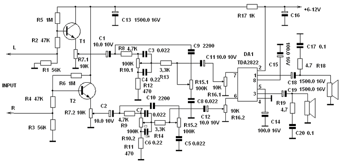 Схема темброблока и усилителя на TDA2822